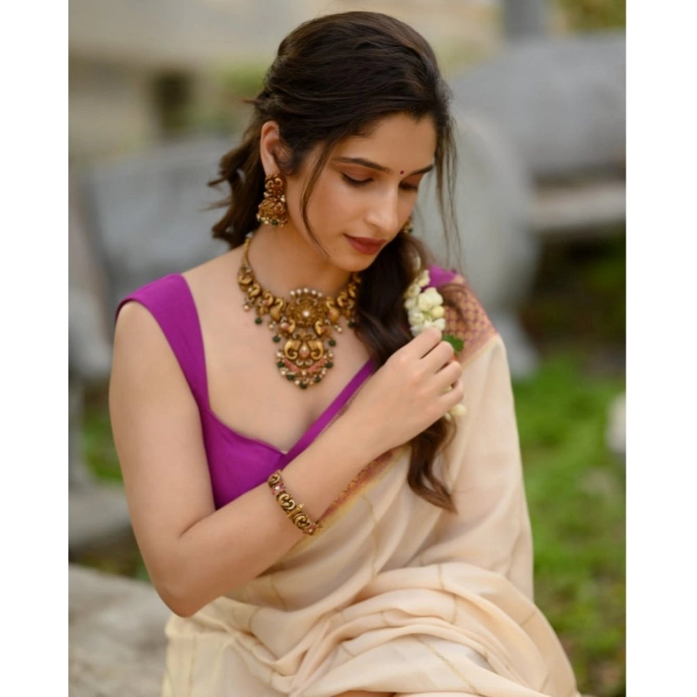 Vaystra Silk Printed Saree With Unstitched Blouse 5.5Mtr – Off White-Pink