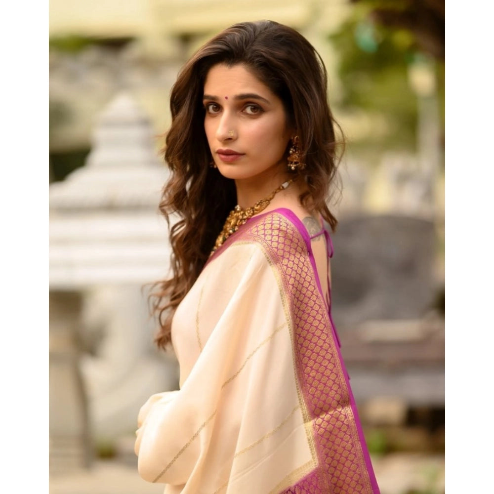 Vaystra Silk Printed Saree With Unstitched Blouse 5.5Mtr – Off White-Pink