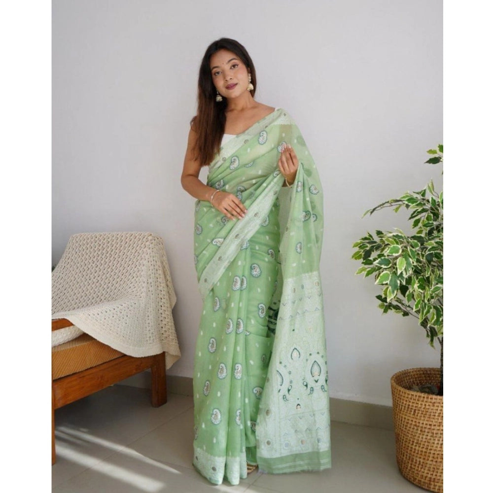 Vaystra Cotton Printed Saree With Unstitched Blouse 5.5Mtr – Pista