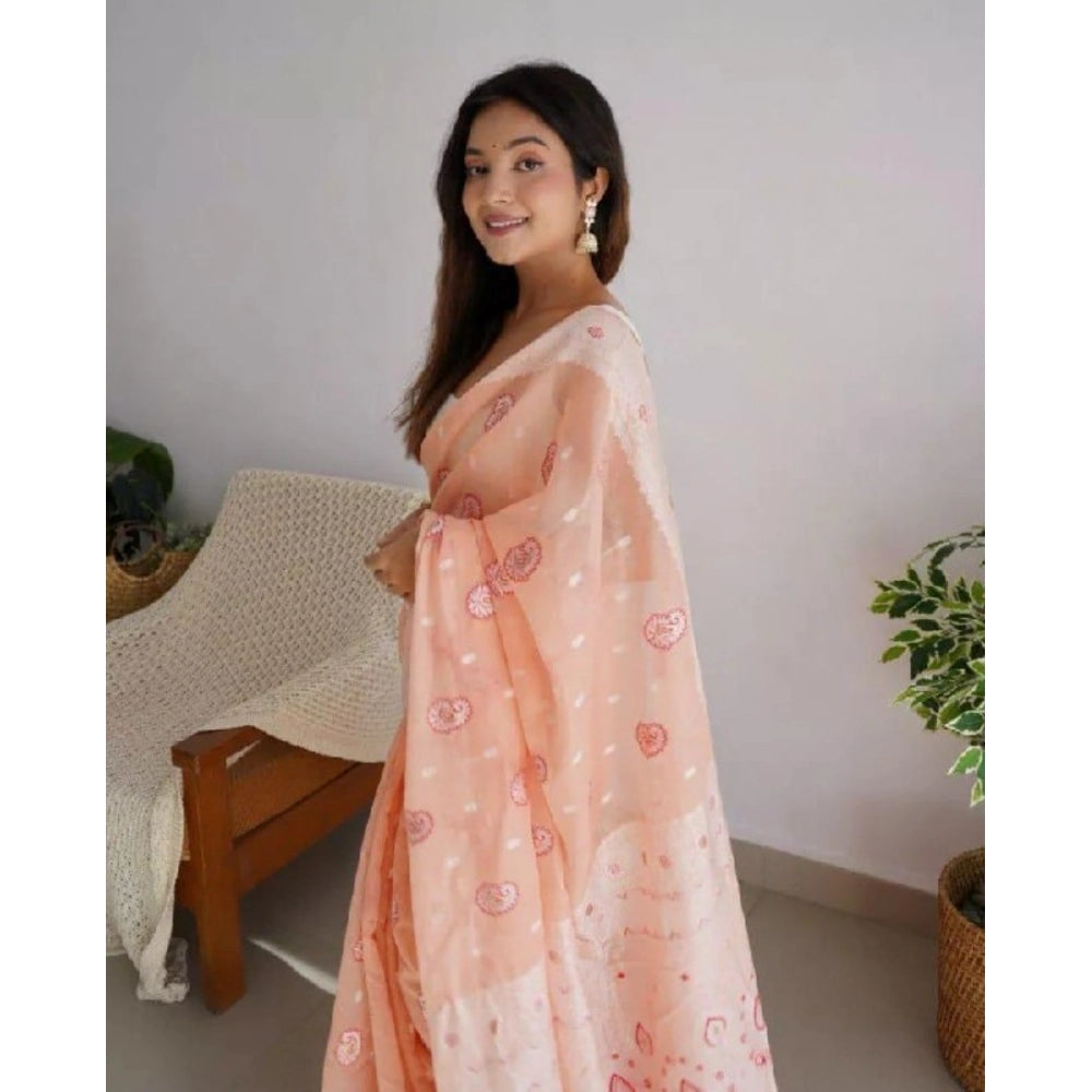 Vaystra Cotton Printed Saree With Unstitched Blouse 5.5Mtr – Peach