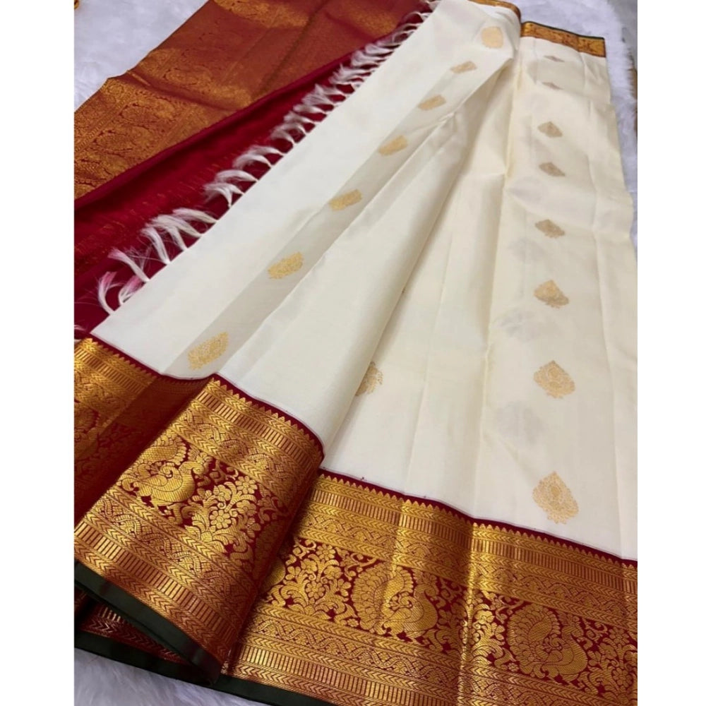 Vaystra Silk Printed Saree With Unstitched Blouse 5.5Mtr – Off White-Red