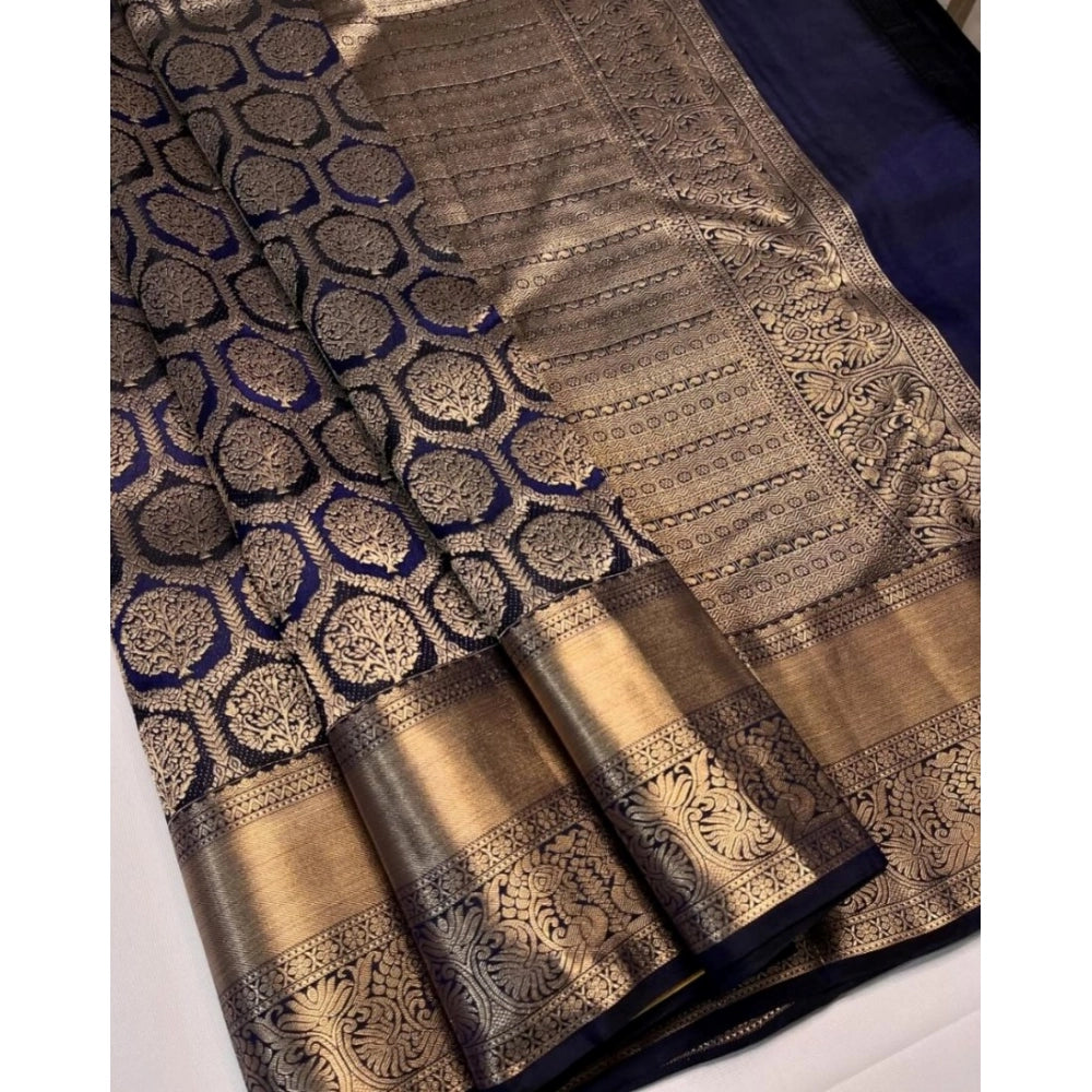 Vaystra Silk Printed Saree With Unstitched Blouse 5.5Mtr – Navy Blue