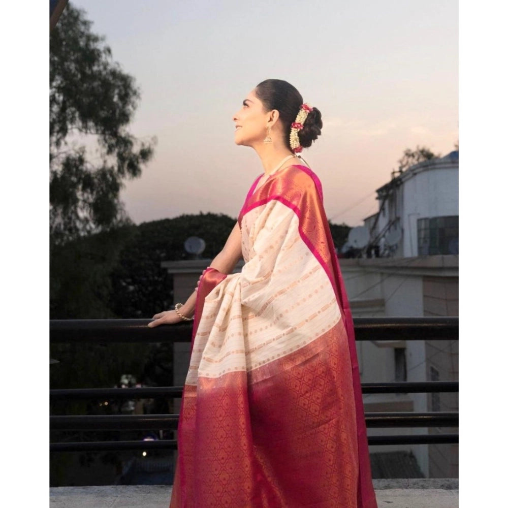 Vaystra Silk Printed Saree With Unstitched Blouse 5.5Mtr – White-Pink