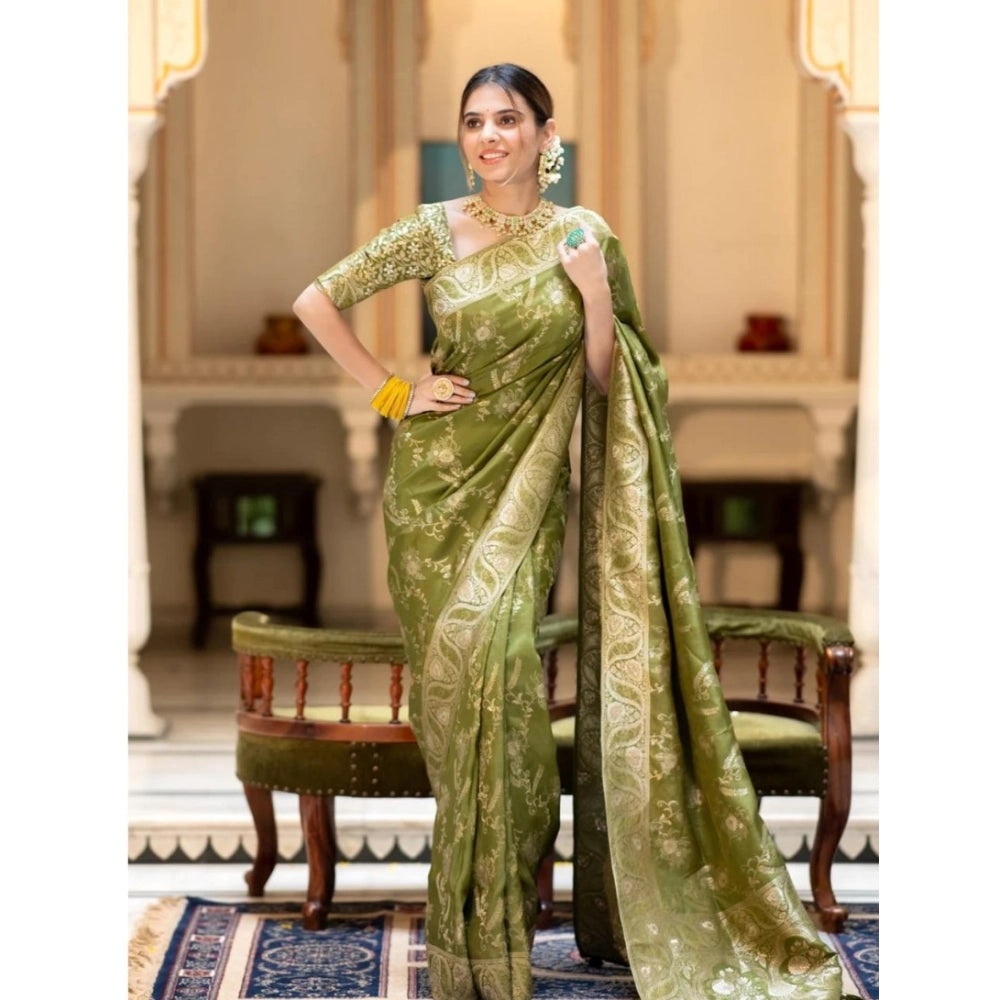 Vaystra Silk Printed Saree With Unstitched Blouse 5.5Mtr – Olive Green