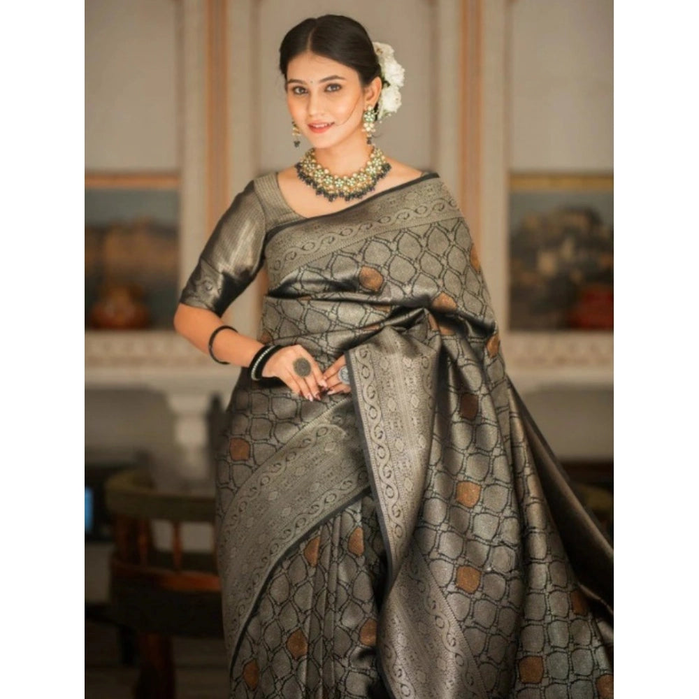 Vaystra Silk Printed Saree With Unstitched Blouse 5.5Mtr – Black