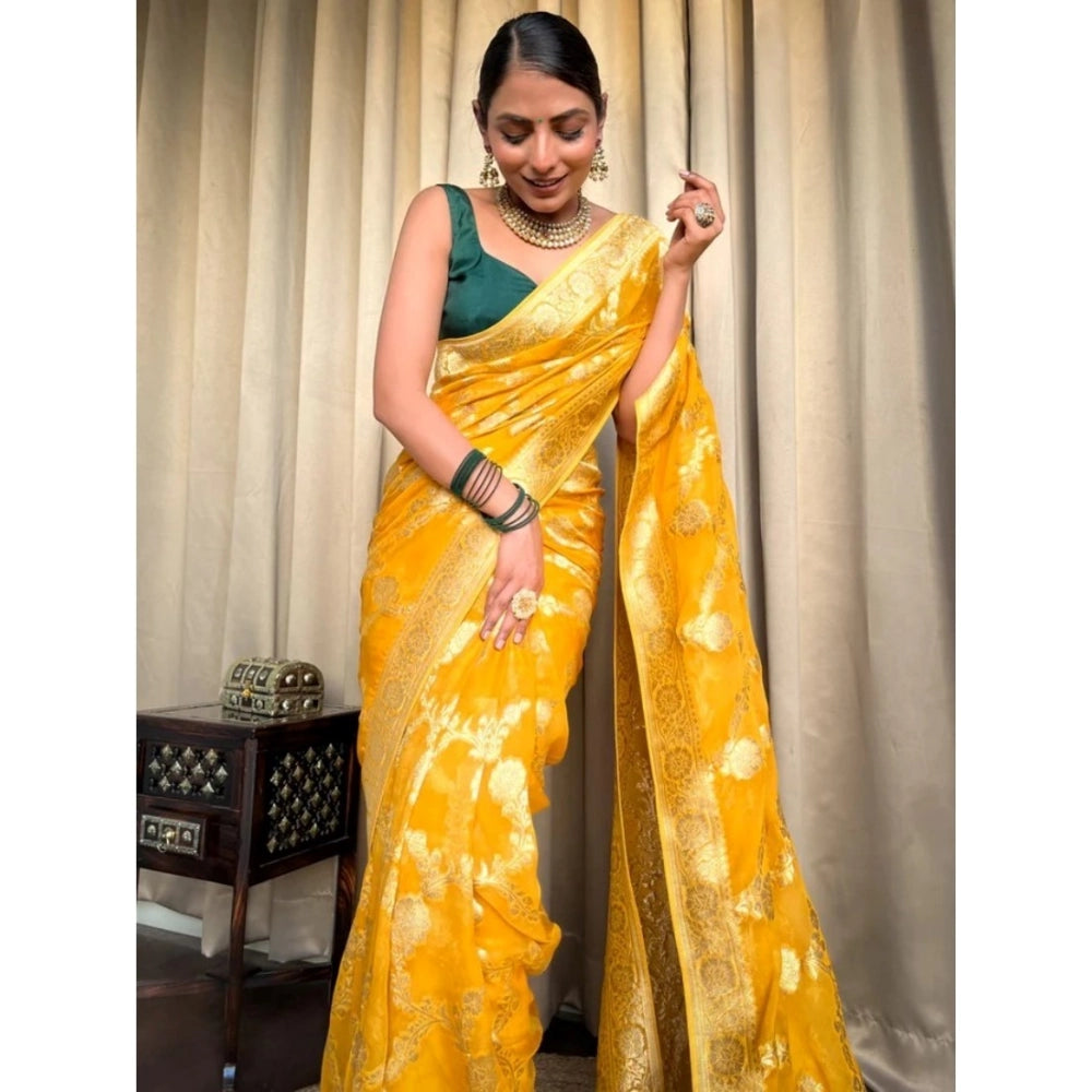 Vaystra Silk Printed Saree With Unstitched Blouse 5.5Mtr – Gold Yellow