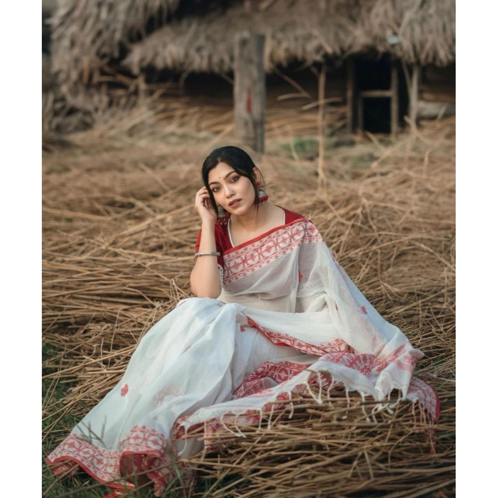 Vaystra Cotton Printed Saree With Unstitched Blouse 5.5Mtr – White-Red