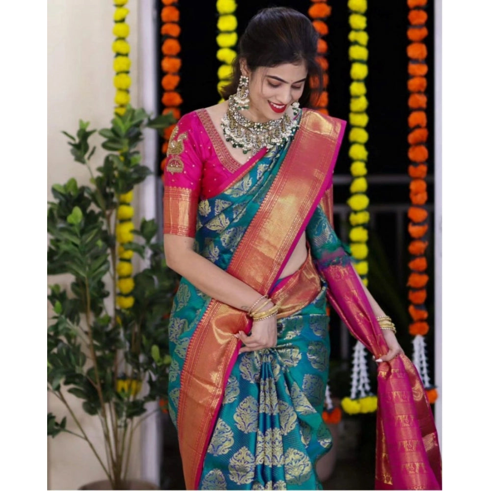 Vaystra Silk Printed Saree With Unstitched Blouse 5.5Mtr – Teal Blue