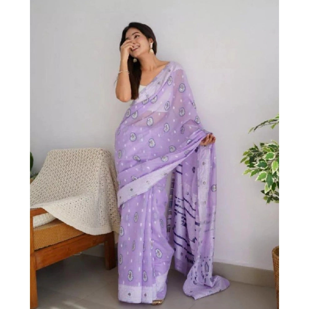 Vaystra Cotton Printed Saree With Unstitched Blouse 5.5Mtr – Lavender