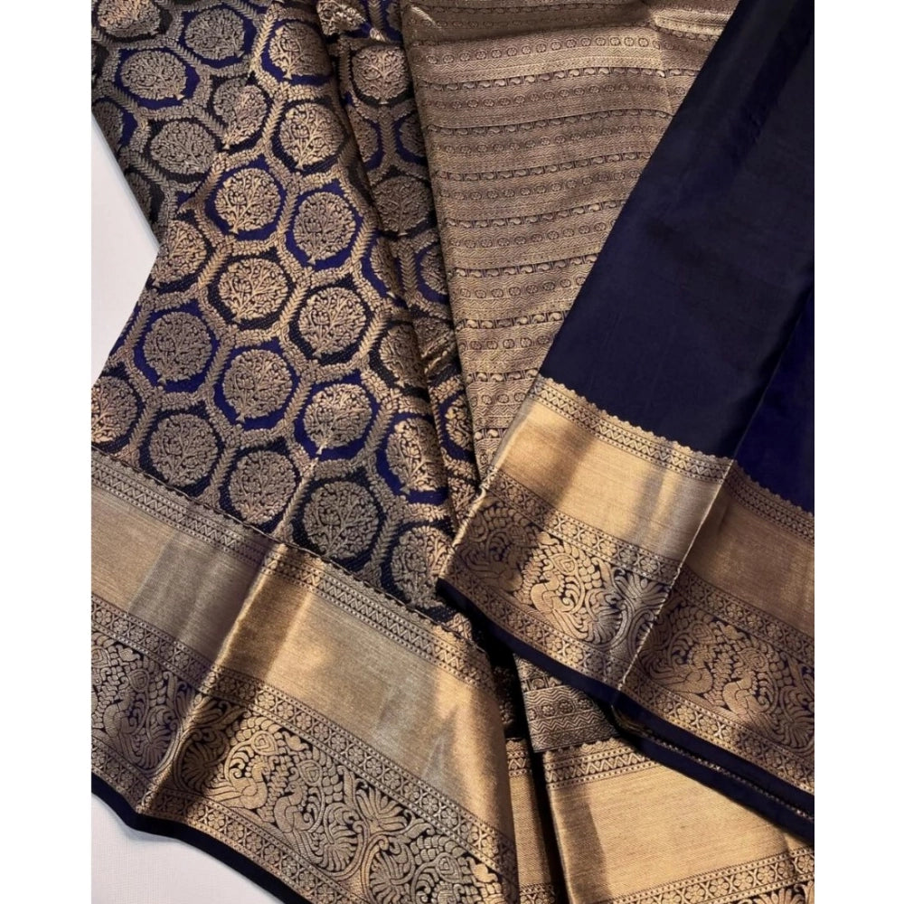 Vaystra Silk Printed Saree With Unstitched Blouse 5.5Mtr – Navy Blue