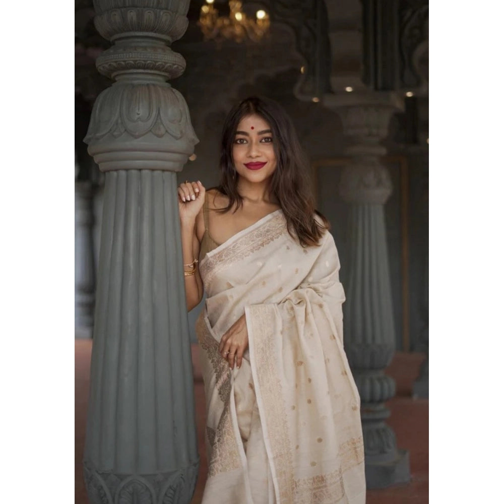 Vaystra Cotton Printed Saree With Unstitched Blouse 5.5Mtr – Cream