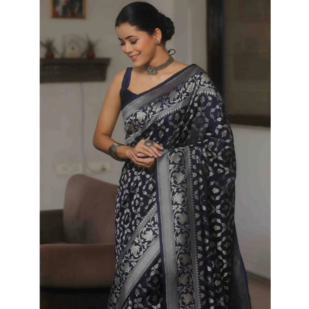 Vaystra Silk Printed Saree With Unstitched Blouse 5.5Mtr – Navy Blue