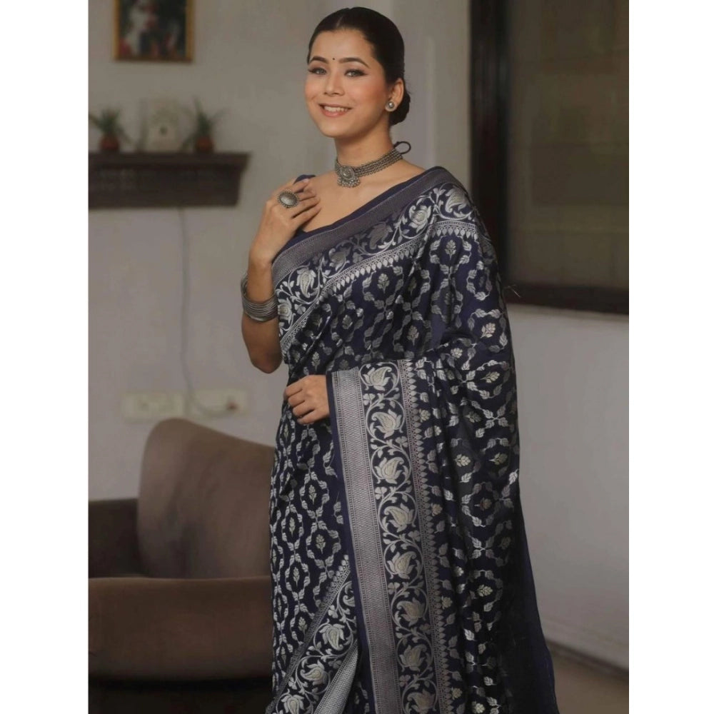 Vaystra Silk Printed Saree With Unstitched Blouse 5.5Mtr – Navy Blue