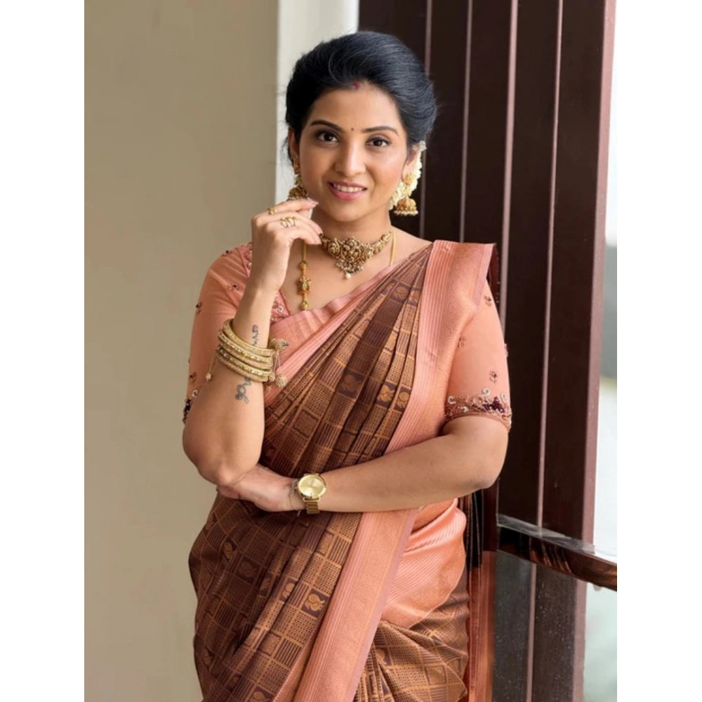Vaystra Silk Printed Saree With Unstitched Blouse 5.5Mtr – Brown