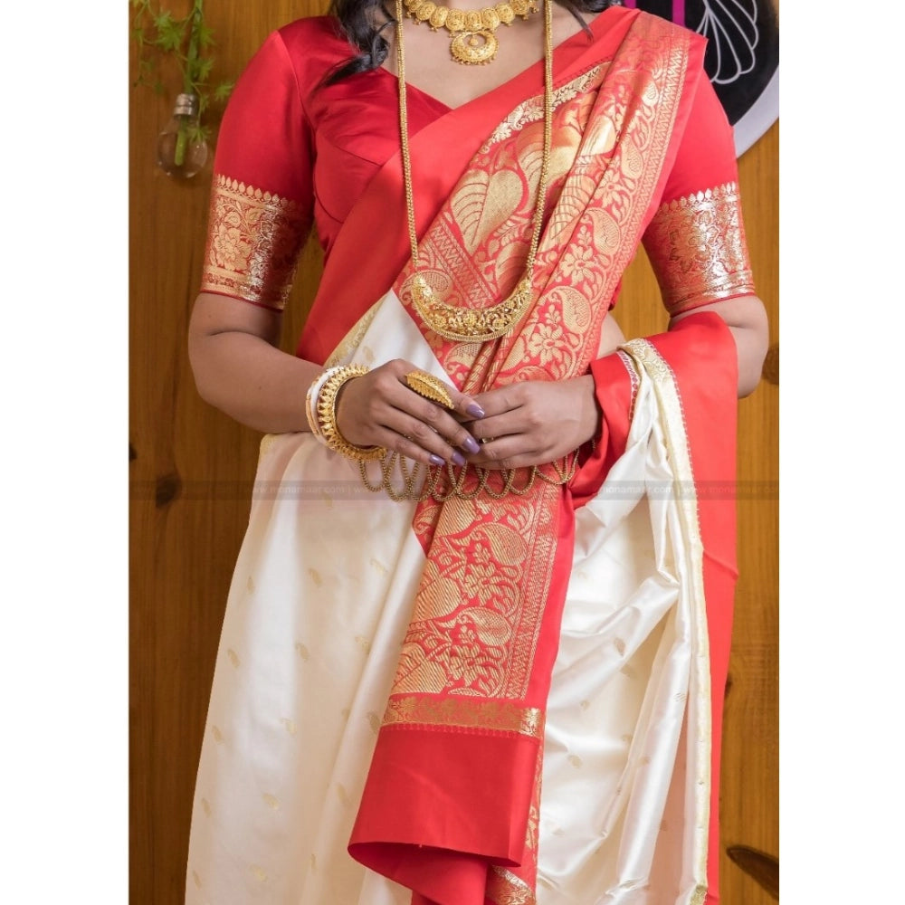 Vaystra Silk Printed Saree With Unstitched Blouse 5.5Mtr – White-Red