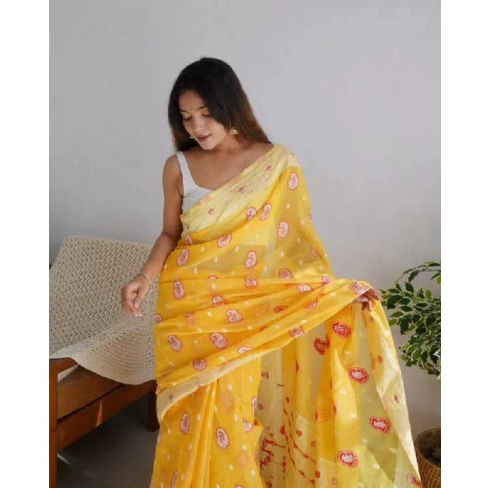 Vaystra Cotton Printed Saree With Unstitched Blouse 5.5Mtr – Yellow
