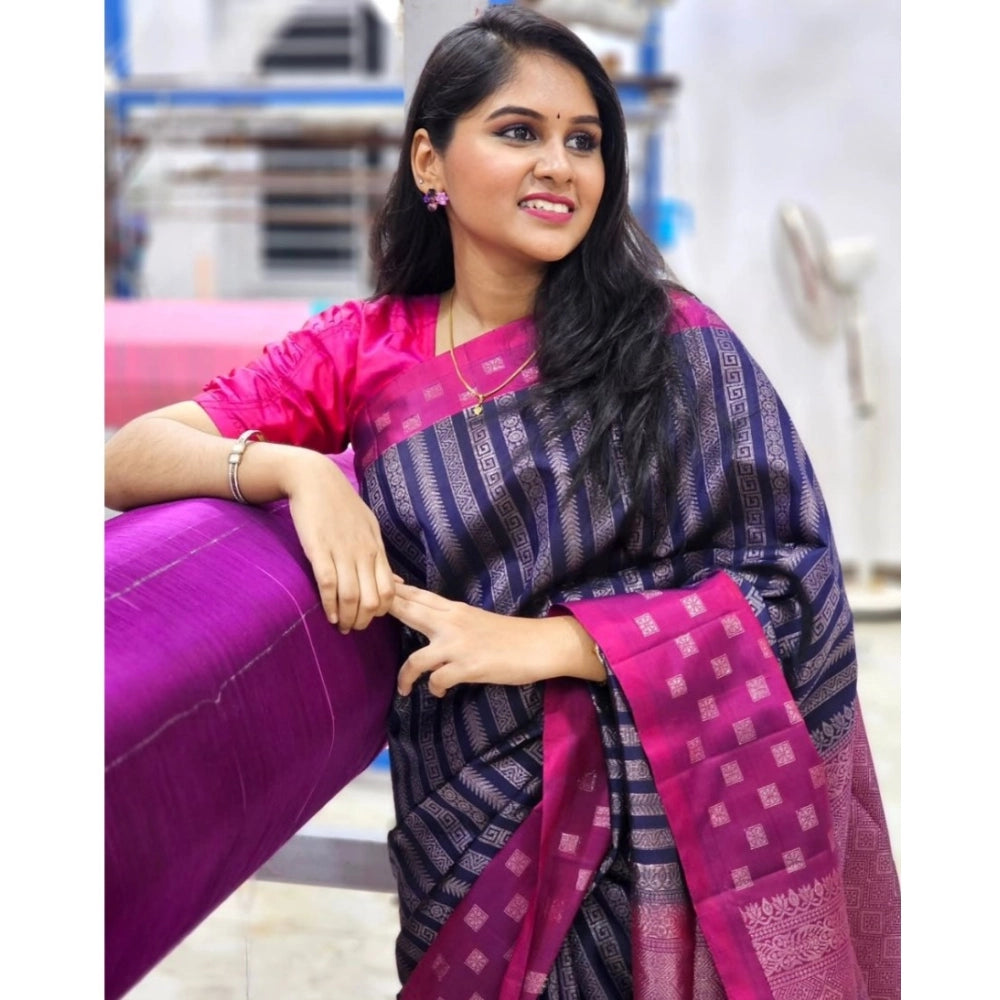 Vaystra Silk Printed Saree With Unstitched Blouse 5.5Mtr – Navy Blue