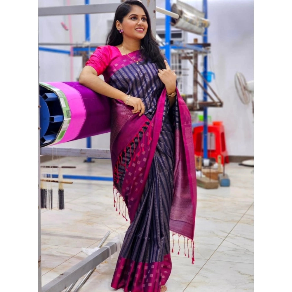 Vaystra Silk Printed Saree With Unstitched Blouse 5.5Mtr – Navy Blue