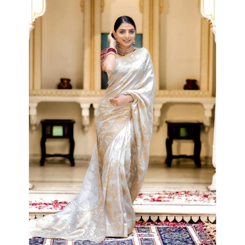 Vaystra Silk Printed Saree With Unstitched Blouse 5.5Mtr – White