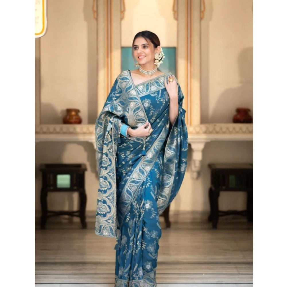 Vaystra Silk Printed Saree With Unstitched Blouse 5.5Mtr – Teal Blue