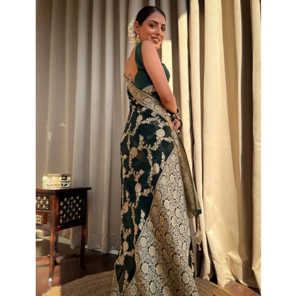 Vaystra Silk Printed Saree With Unstitched Blouse 5.5Mtr – Dark Green