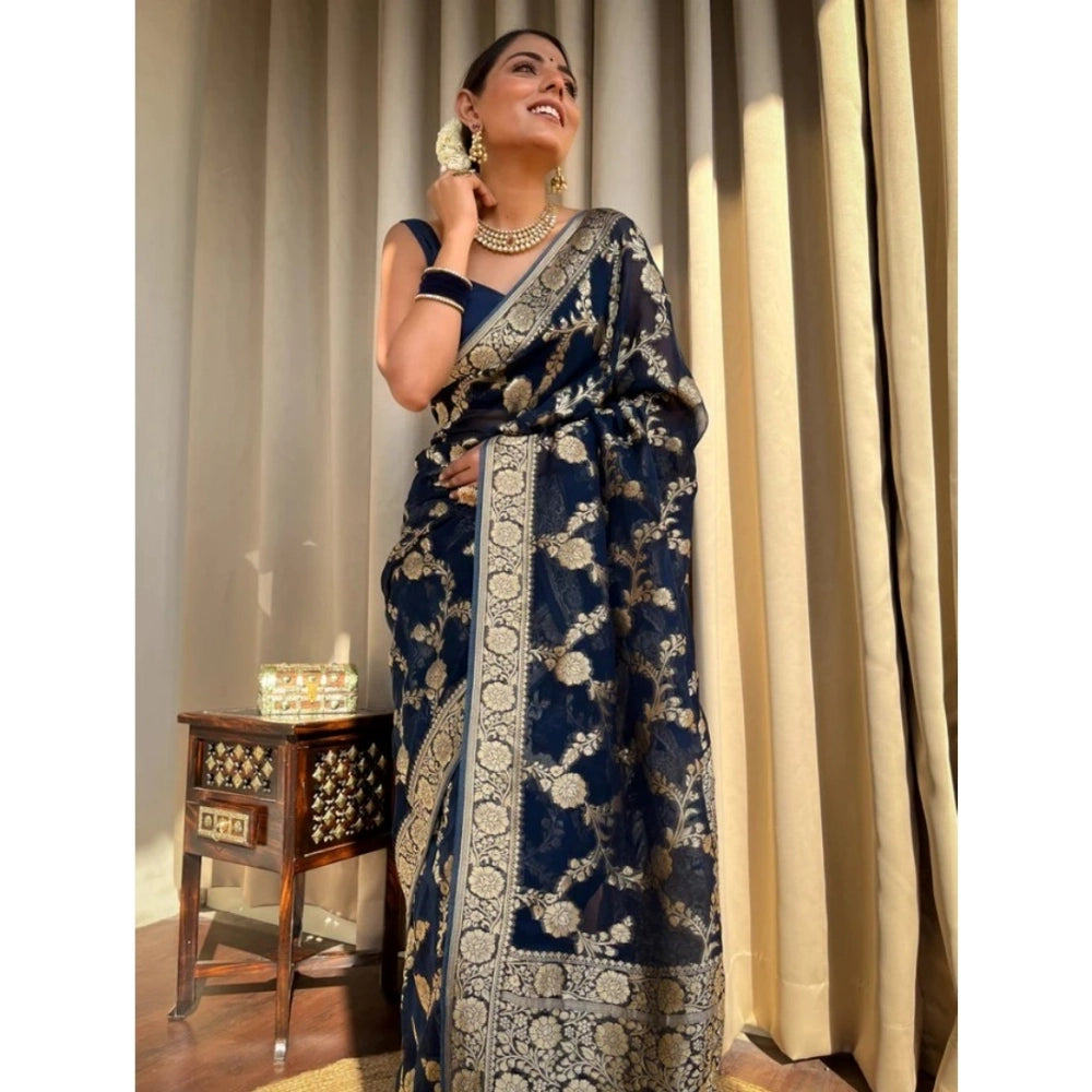 Vaystra Silk Printed Saree With Unstitched Blouse 5.5Mtr – Dark Blue