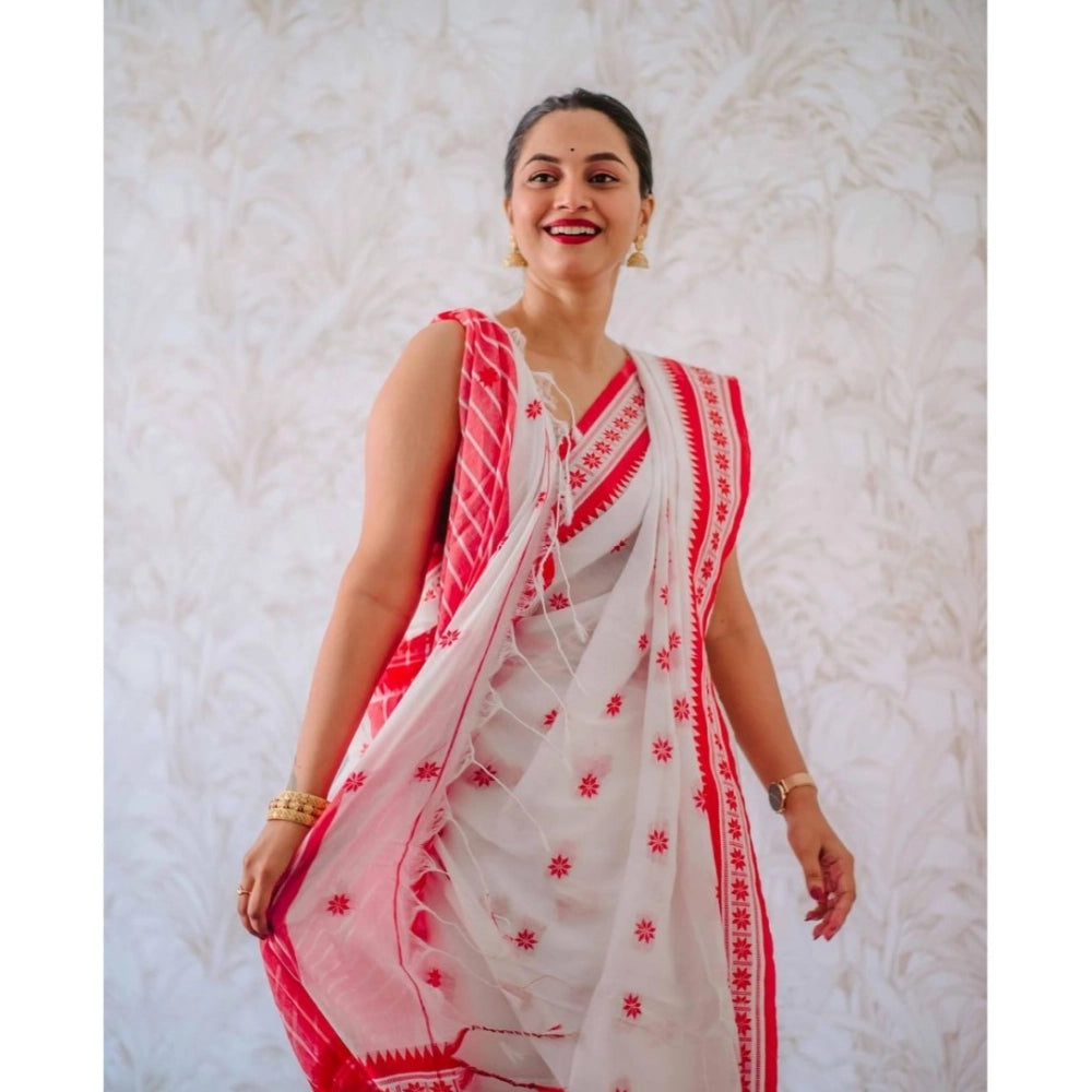 Vaystra Cotton Printed Saree With Unstitched Blouse 5.5Mtr – White-Pink