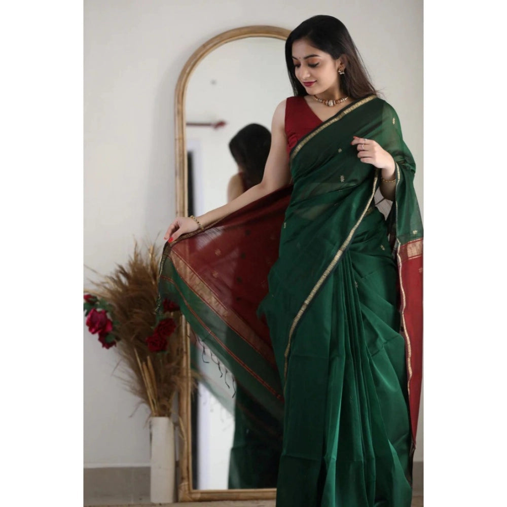 Vaystra Cotton Printed Saree With Unstitched Blouse 5.5Mtr – Dark Green
