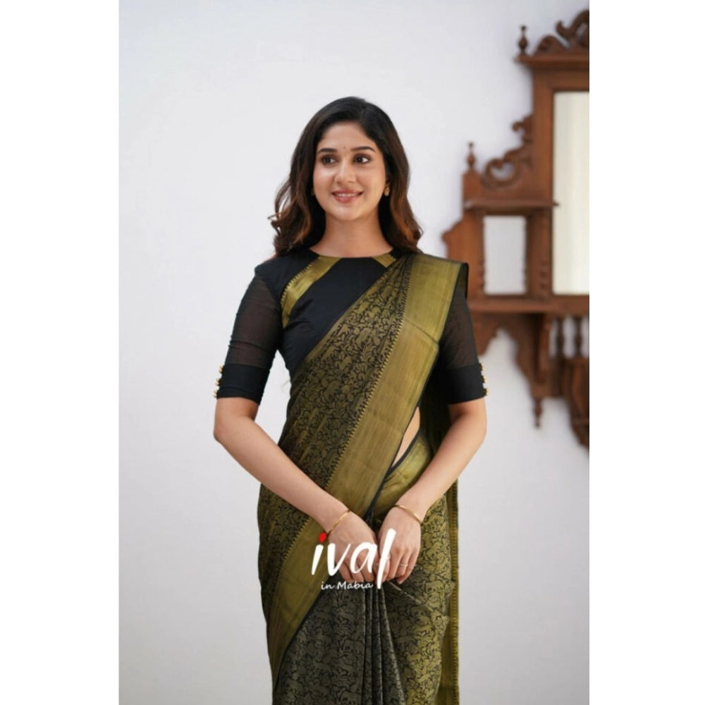Vaystra Silk Printed Saree With Unstitched Blouse 5.5Mtr – Black