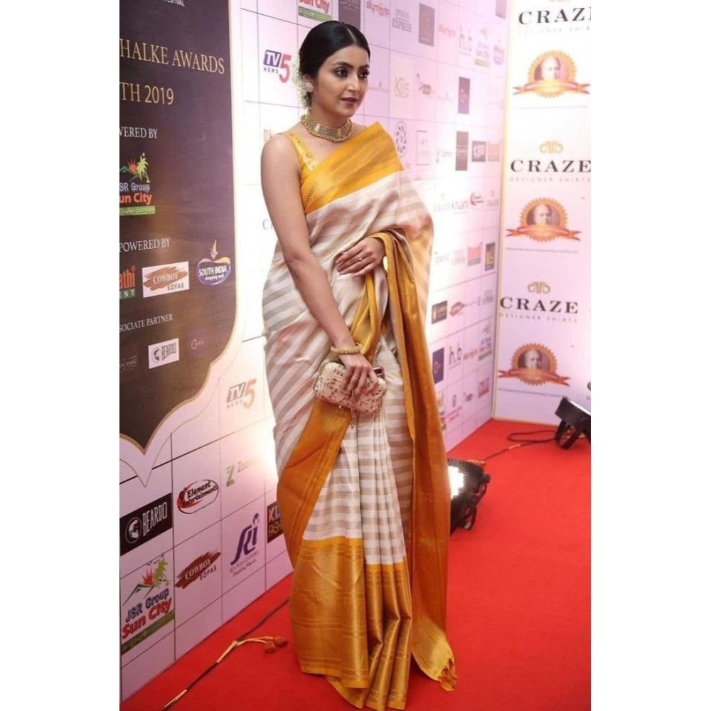 Vaystra Silk Printed Saree With Unstitched Blouse 5.5Mtr – Off White-Yellow