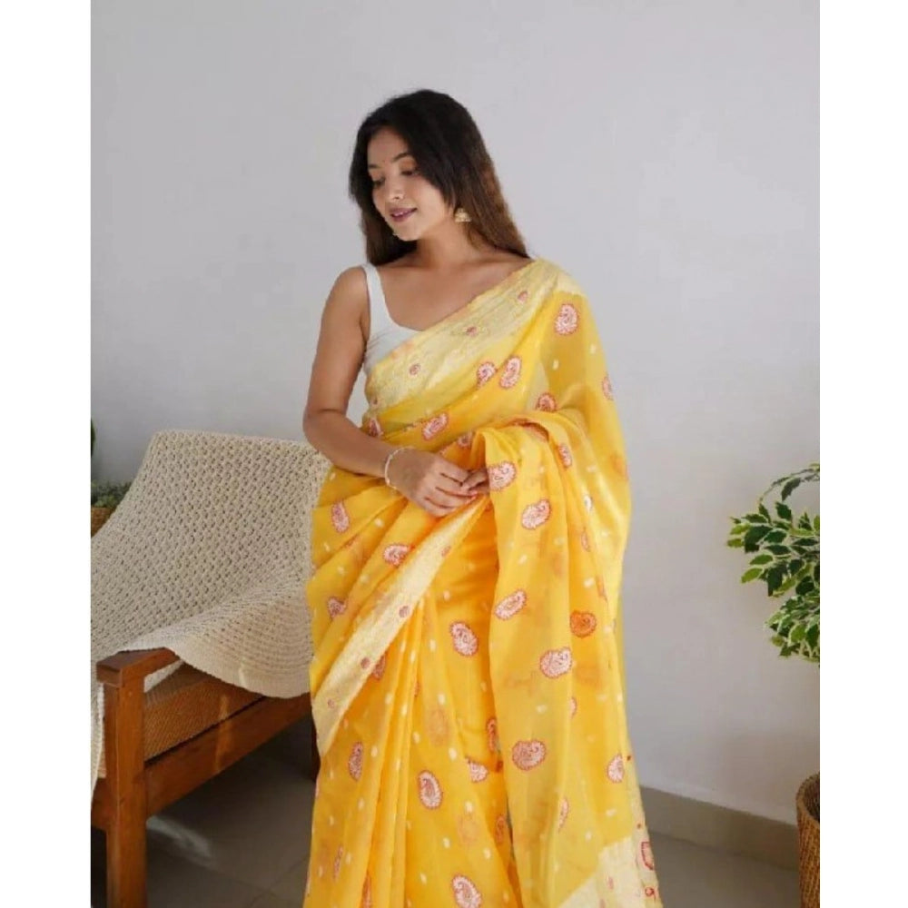 Vaystra Cotton Printed Saree With Unstitched Blouse 5.5Mtr – Yellow