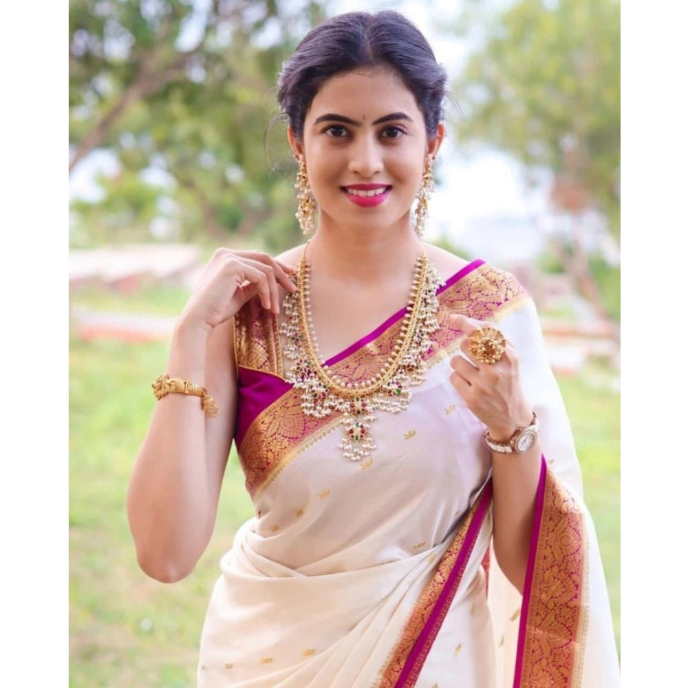 Vaystra Silk Printed Saree With Unstitched Blouse 5.5Mtr – White