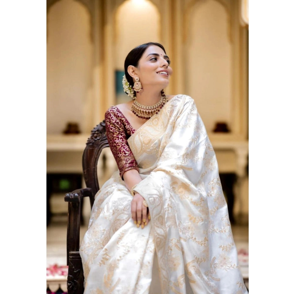 Vaystra Silk Printed Saree With Unstitched Blouse 5.5Mtr – White