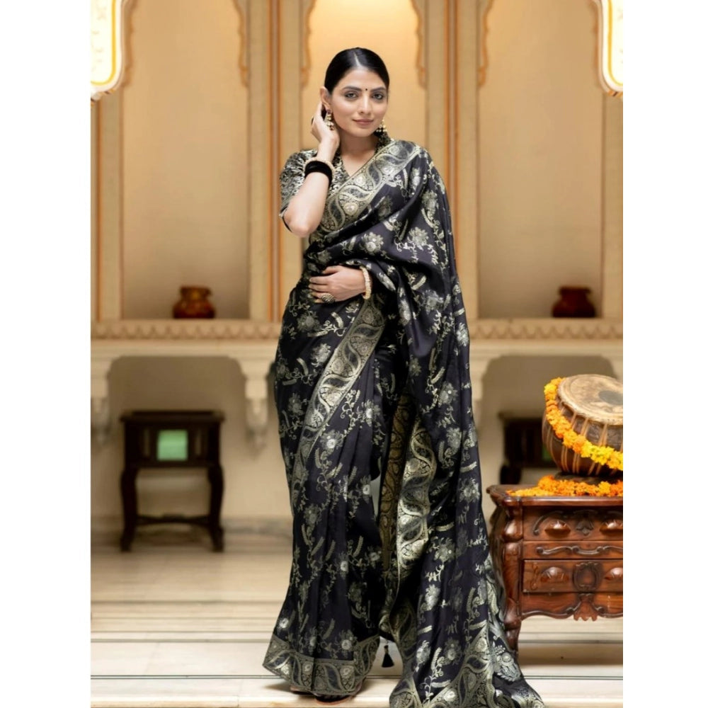 Vaystra Silk Printed Saree With Unstitched Blouse 5.5Mtr – Black