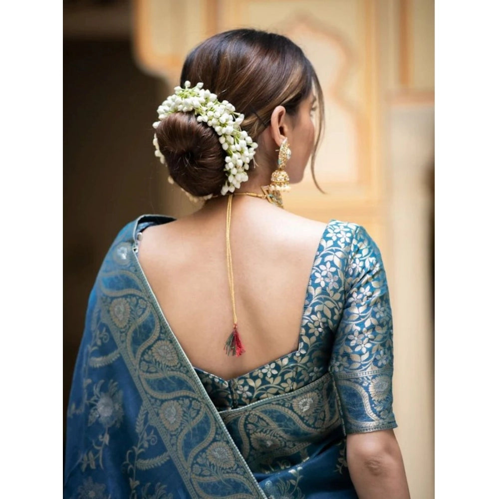 Vaystra Silk Printed Saree With Unstitched Blouse 5.5Mtr – Teal Blue