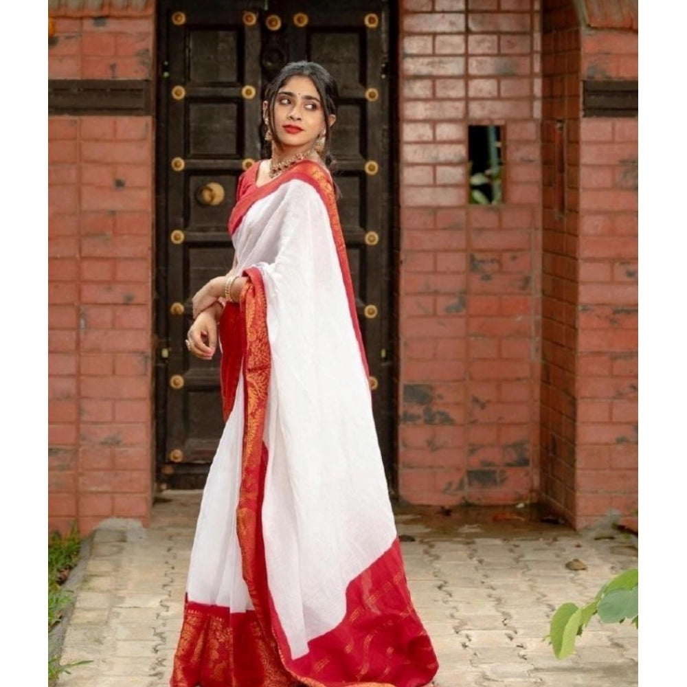 Vaystra Silk Printed Saree With Unstitched Blouse 5.5Mtr – White