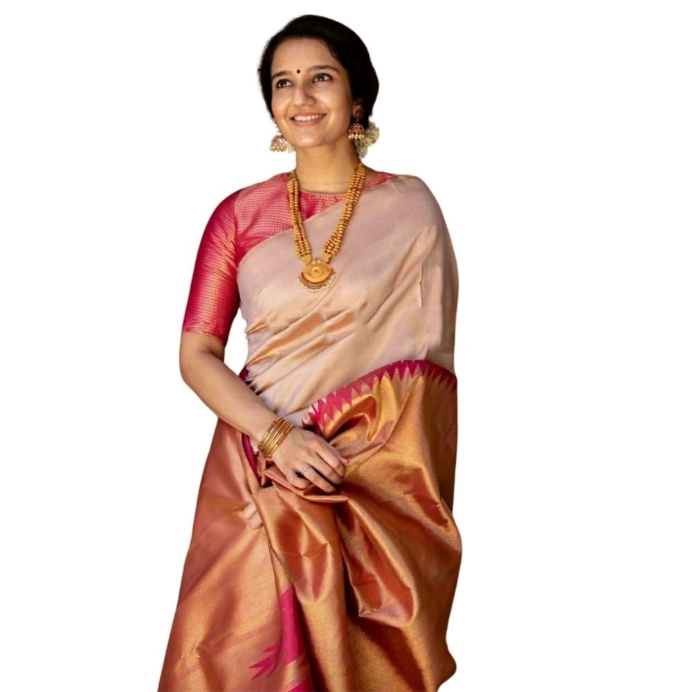 Vaystra Silk Printed Saree With Unstitched Blouse 5.5Mtr – Cream