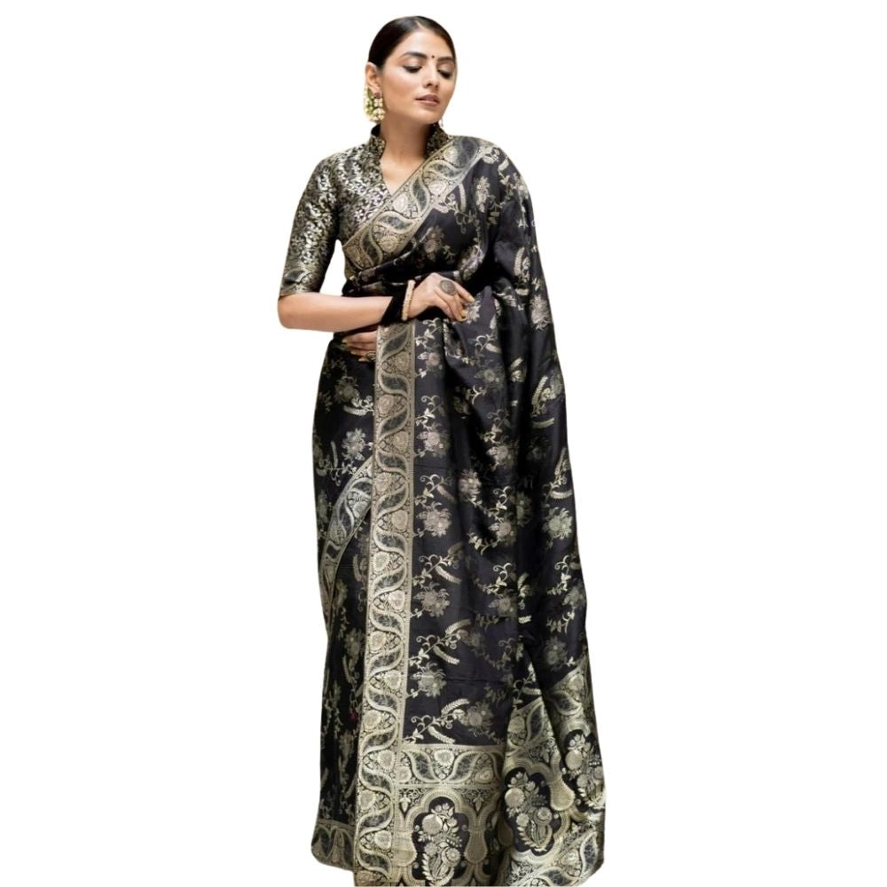 Vaystra Silk Printed Saree With Unstitched Blouse 5.5Mtr – Black