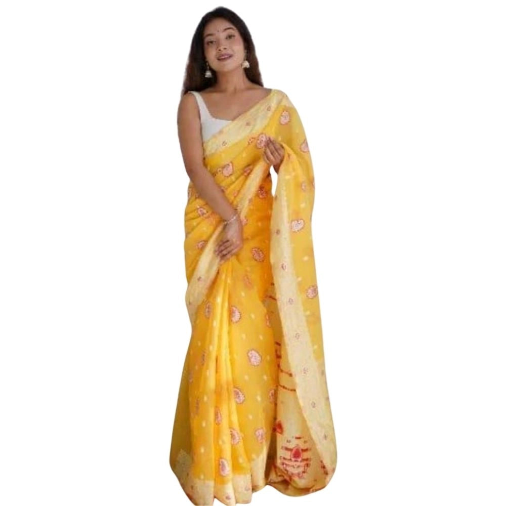 Vaystra Cotton Printed Saree With Unstitched Blouse 5.5Mtr – Yellow