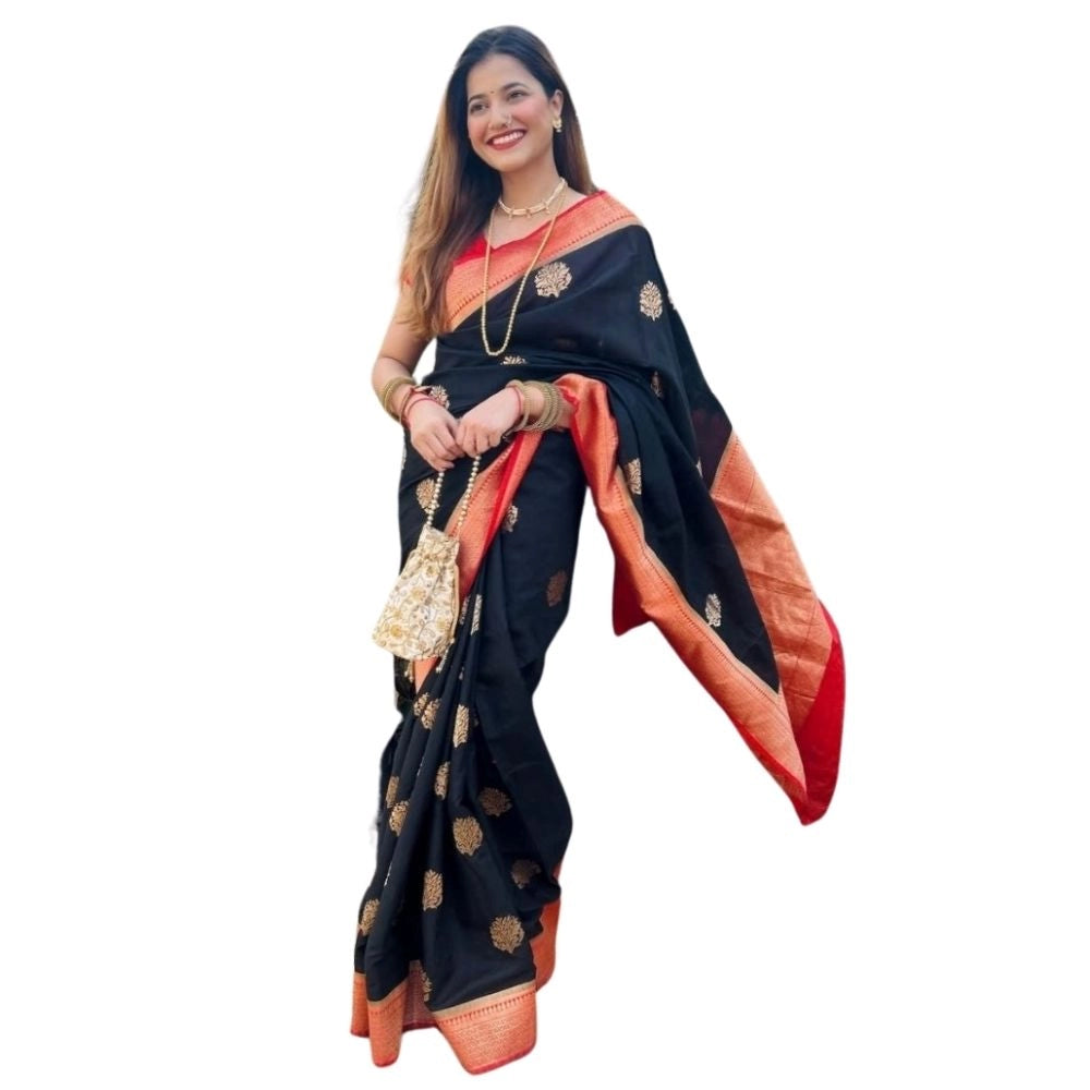 Vaystra Silk Printed Saree With Unstitched Blouse 5.5Mtr – Black-Red