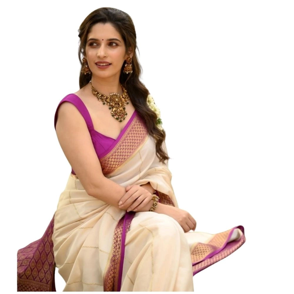 Vaystra Silk Printed Saree With Unstitched Blouse 5.5Mtr – Off White-Pink