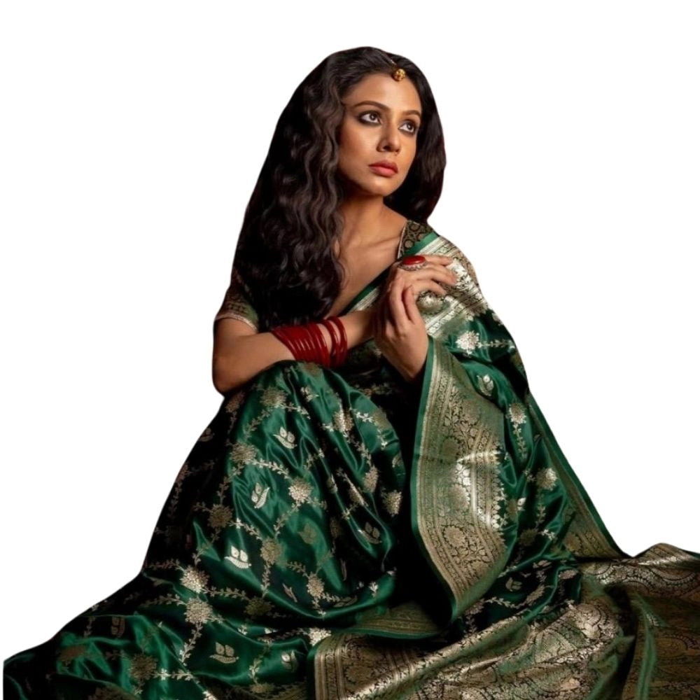 Vaystra Silk Printed Saree With Unstitched Blouse 5.5Mtr – Dark Green