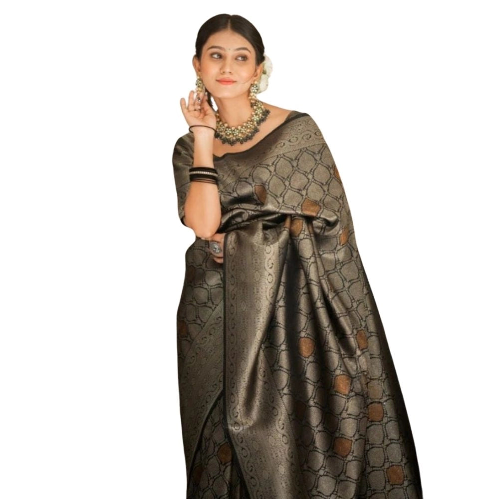 Vaystra Silk Printed Saree With Unstitched Blouse 5.5Mtr – Black