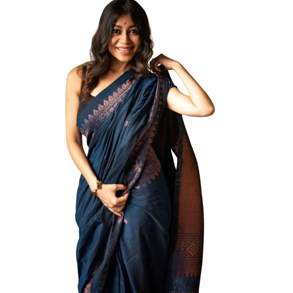Vaystra Silk Printed Saree With Unstitched Blouse 5.5Mtr – Navy Blue