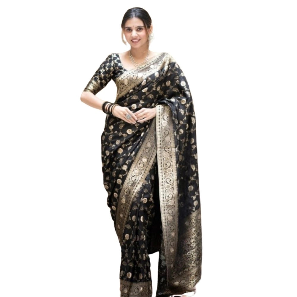 Vaystra Silk Printed Saree With Unstitched Blouse 5.5Mtr – Black