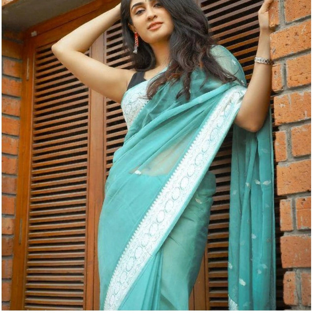 Vaystra Cotton Printed Saree With Unstitched Blouse 5.5Mtr – Sky Blue