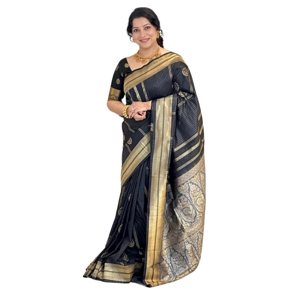 Vaystra Silk Printed Saree With Unstitched Blouse 5.5Mtr – Black