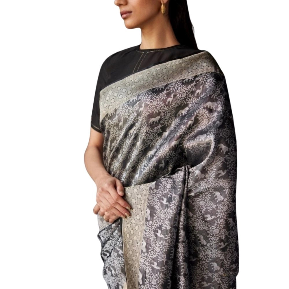 Vaystra Silk Printed Saree With Unstitched Blouse 5.5Mtr – Grey