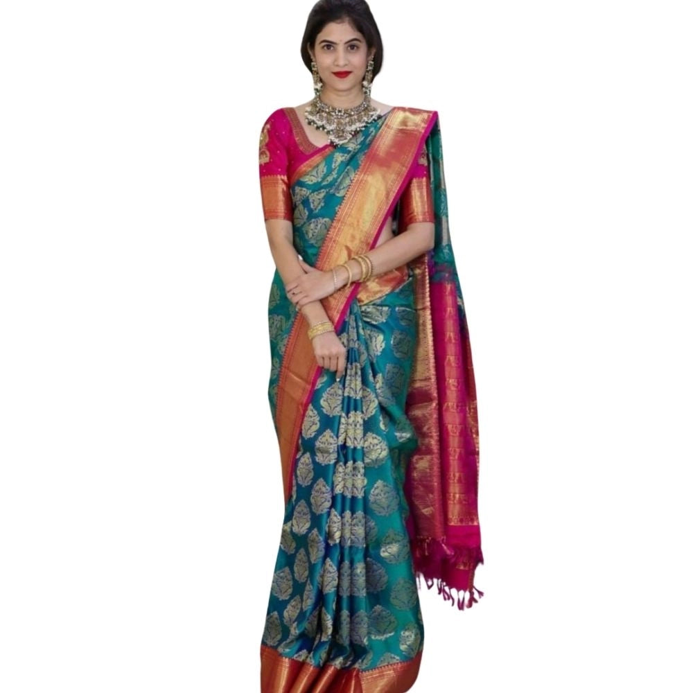 Vaystra Silk Printed Saree With Unstitched Blouse 5.5Mtr – Teal Blue