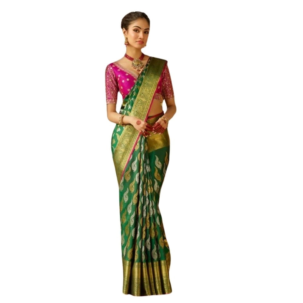 Vaystra Silk Printed Saree With Unstitched Blouse 5.5Mtr – Green